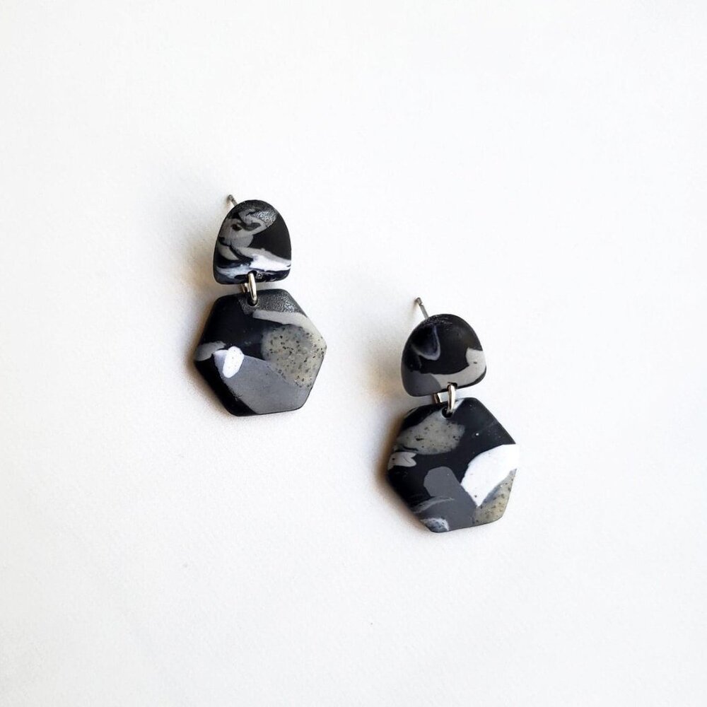 BRAND NEW! Monochrome Marble Earrings | Polymer Clay | Black Gray Metallic White
